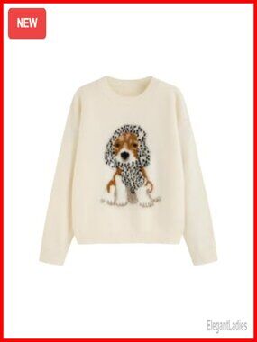 Oversized Dog Graphic Knit Pullover Sweater Crew Neck Long Sleeve